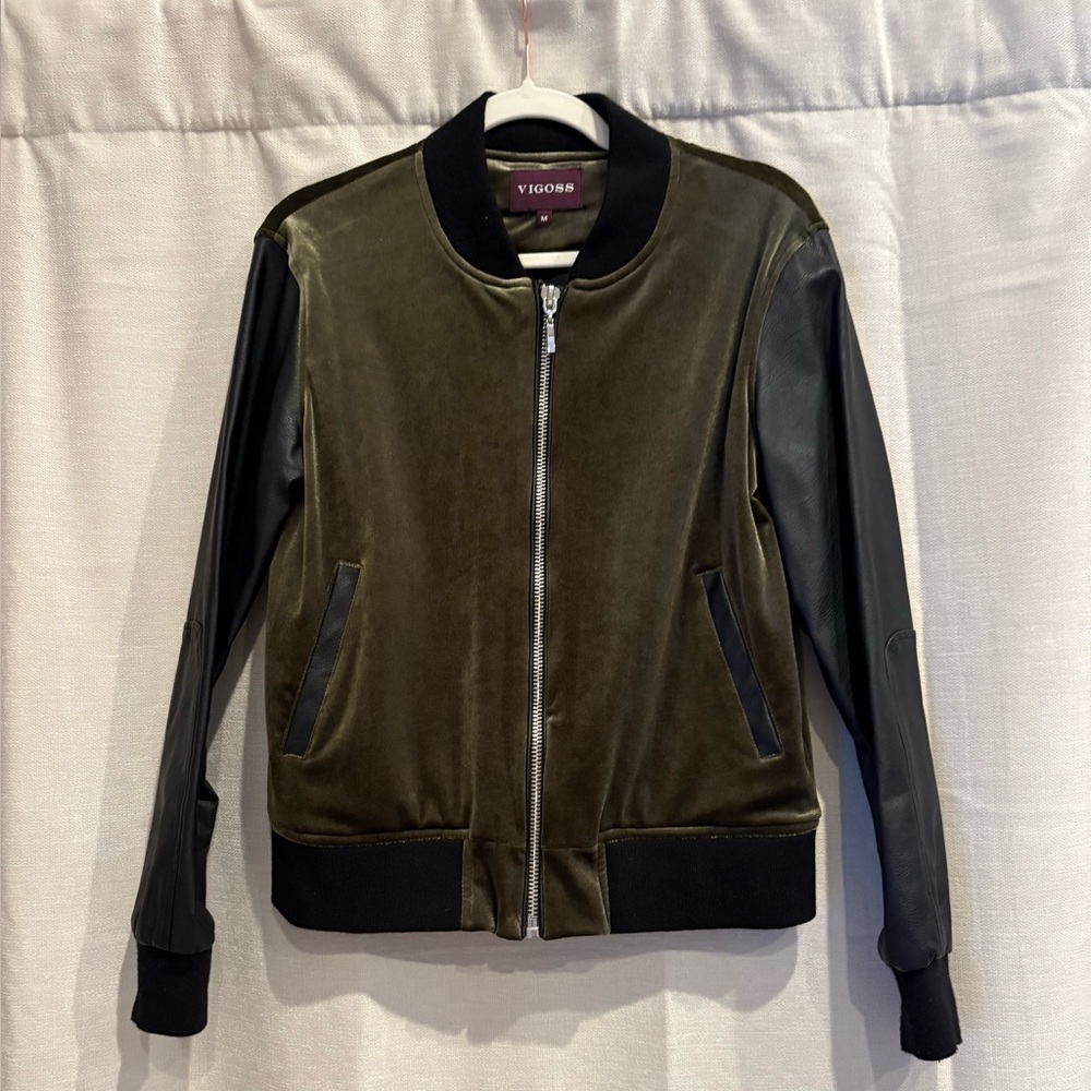 Black vegan leather and green velvet bomber jacket women’s size M